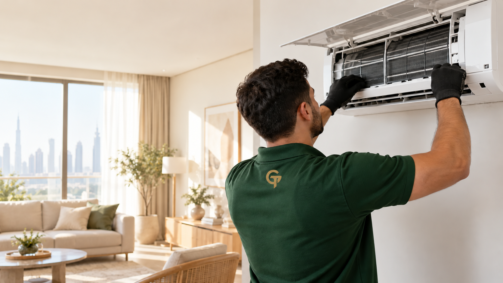 AI illustration of a technician wearing a GT-branded shirt inspecting a split AC unit