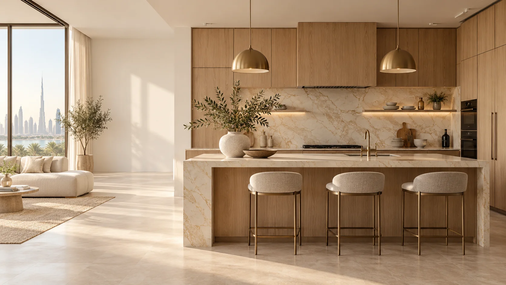 Illustrative sunlit kitchen with oak cabinetry and a cream marble island